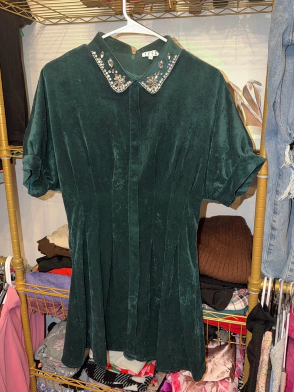 TCEC Dark Green Velvet Dress with Embellished Collar